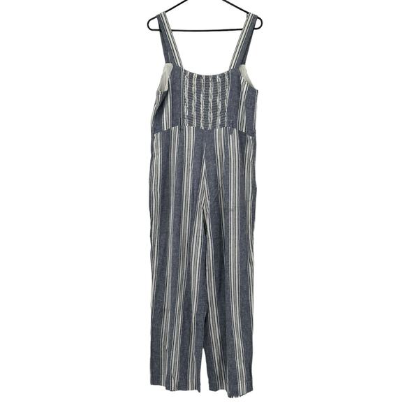 Rails Jumpsuit Women Large Kyra Seaport Stripe Blue Pockets Linen Wide Leg Beach - Picture 2 of 6